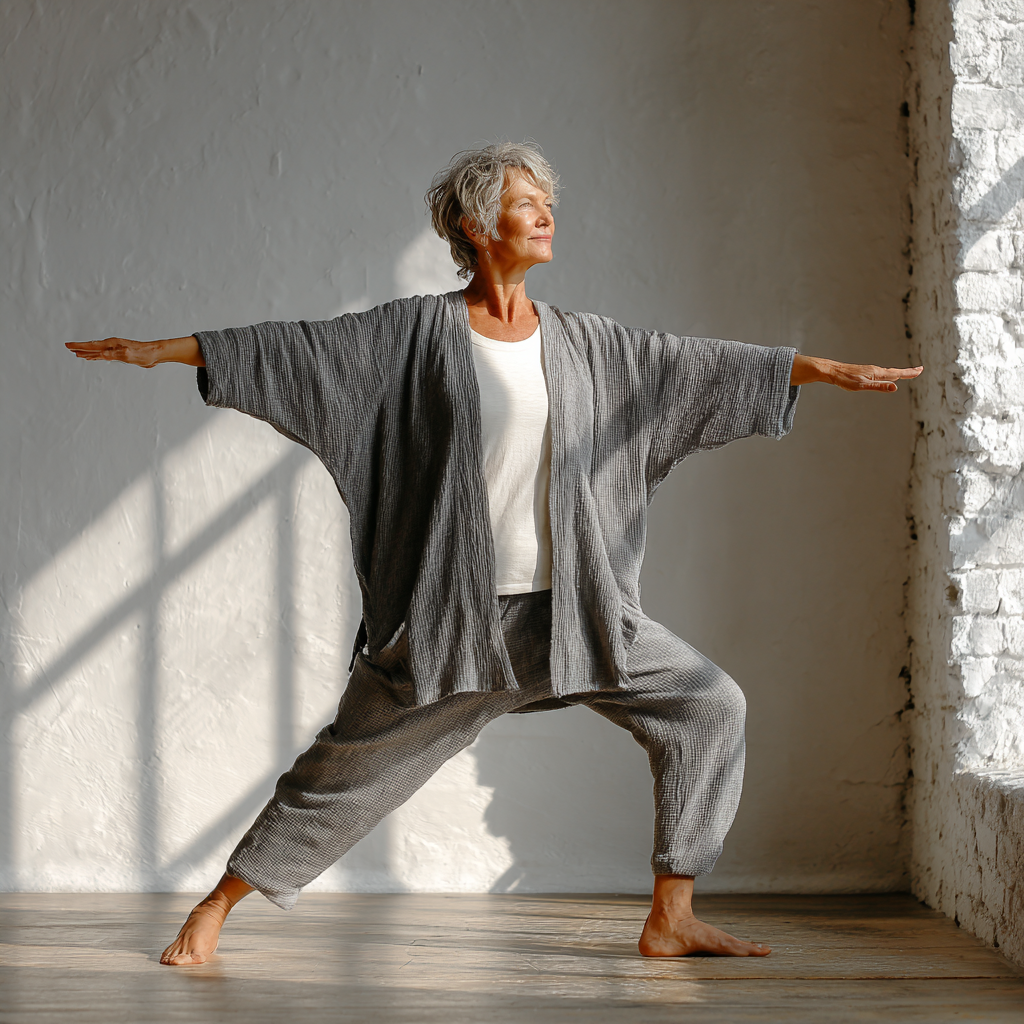 Жінка 55 років виконує м'яку асану йоги в світлій студії, демонструючи правильну техніку для новачків