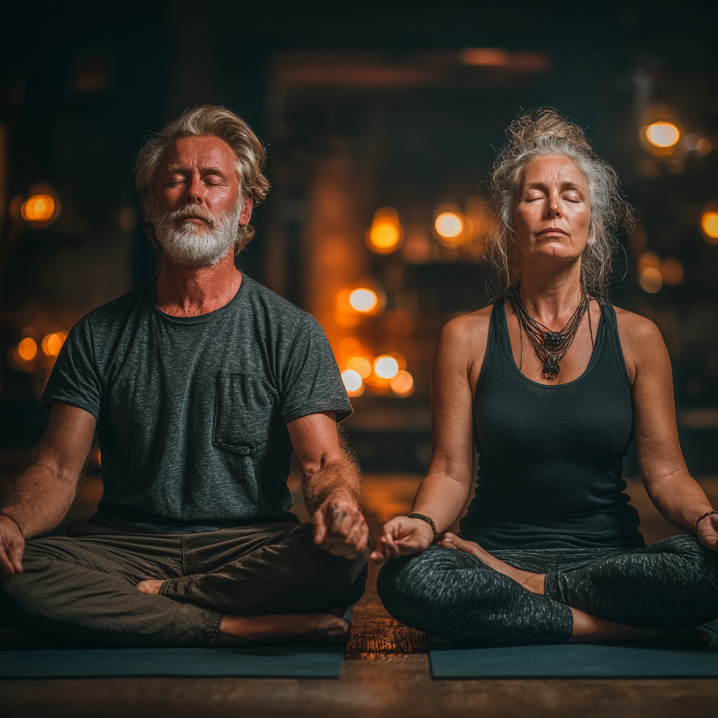 Чоловік 58 років та жінка 52 років виконують базові асани йоги в затишній студії під керівництвом інструктора